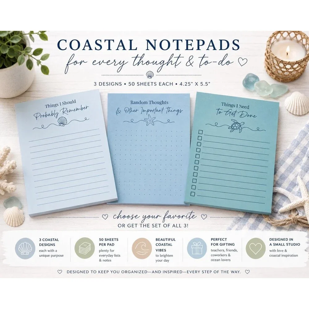 Coastal Notepad, Cute To Do List Pad, 4.25 x 5.5 Memo Pad, Checklist Notepad